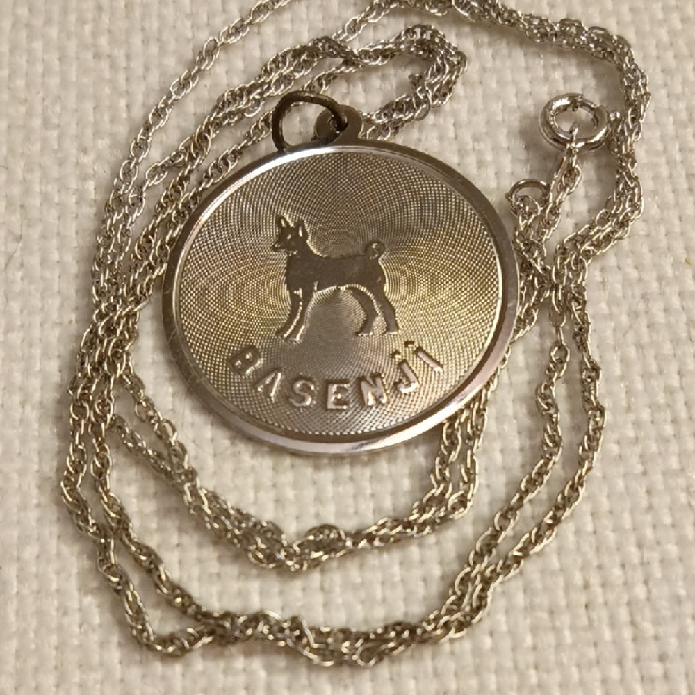 Basenji Sterling Silver Medallion + Chain Medallion Necklace 24 Inches, Engraved
